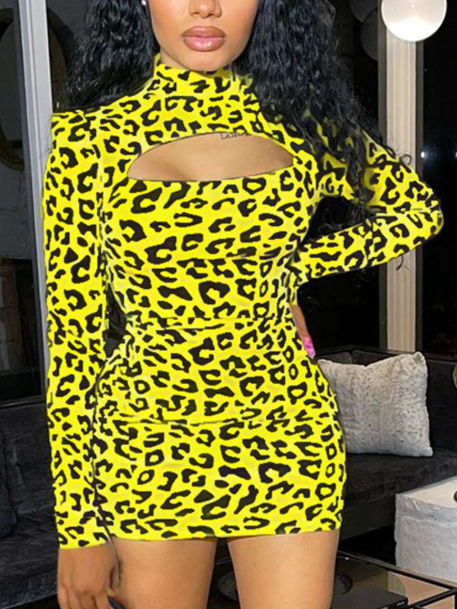 

Lovely Chic Leopard Print Hollow-out Yellow Mini Dress(No-positioning Printing