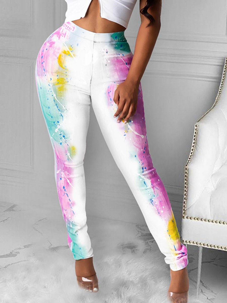 

Lovely Casual Mid Waist Tie-dye Blue Pants