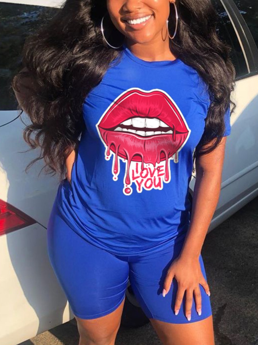 

Lovely Sweet Lip Letter Print Blue Two Piece Shorts Set
