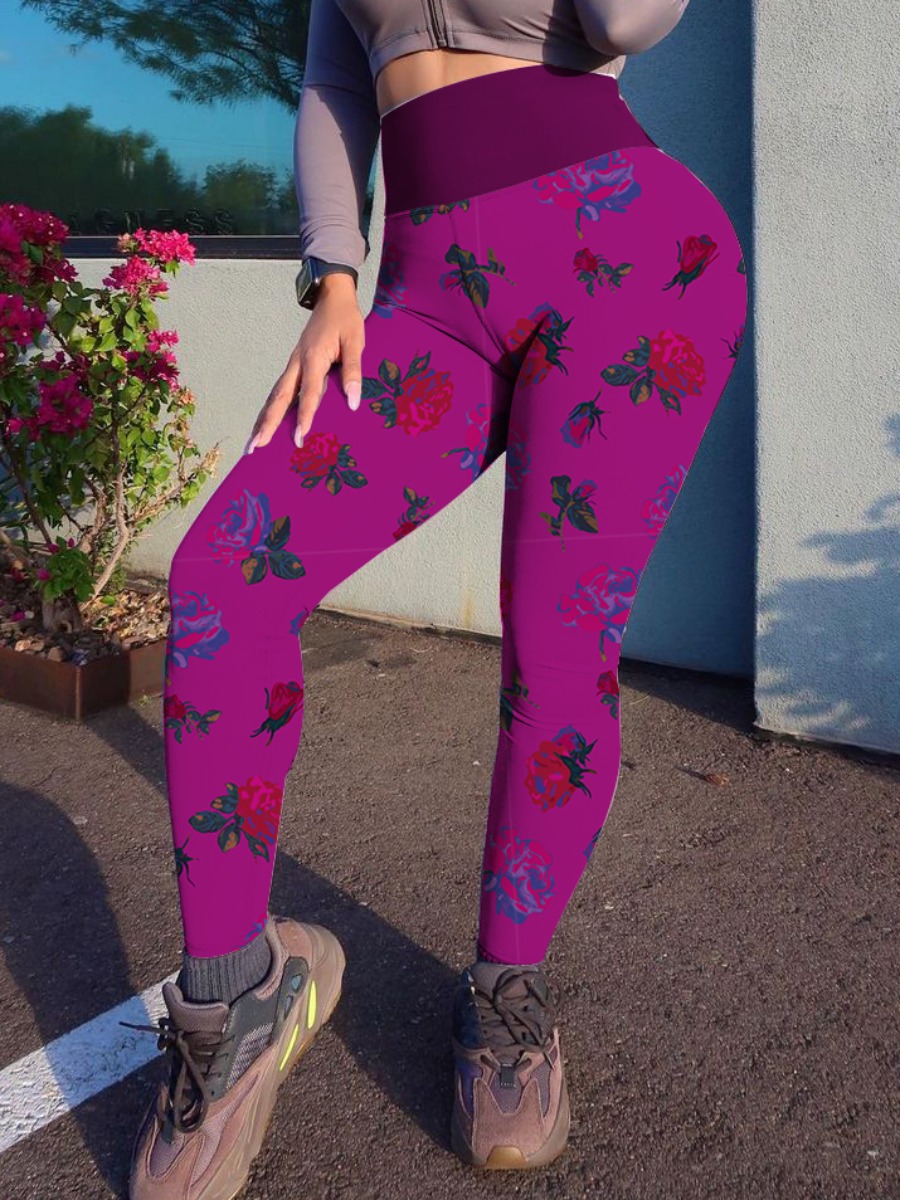 

LW Sweet High-waisted Floral Print Rose Red Pants(No-positioning Printing)