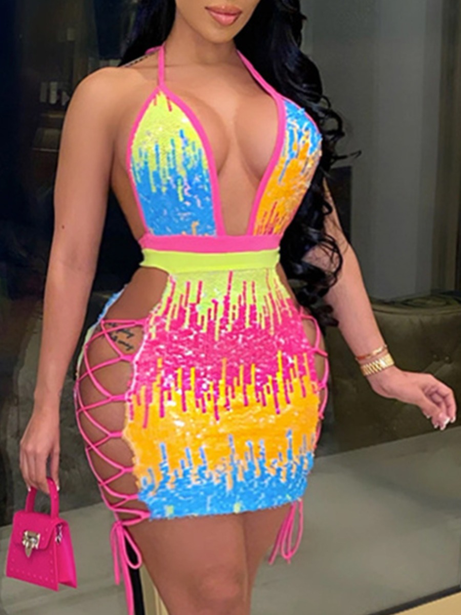 

Lovely Chic Backless Bandage Hollow-out Design Patchwork Multicolor Mini Plus Size Dress, Multi