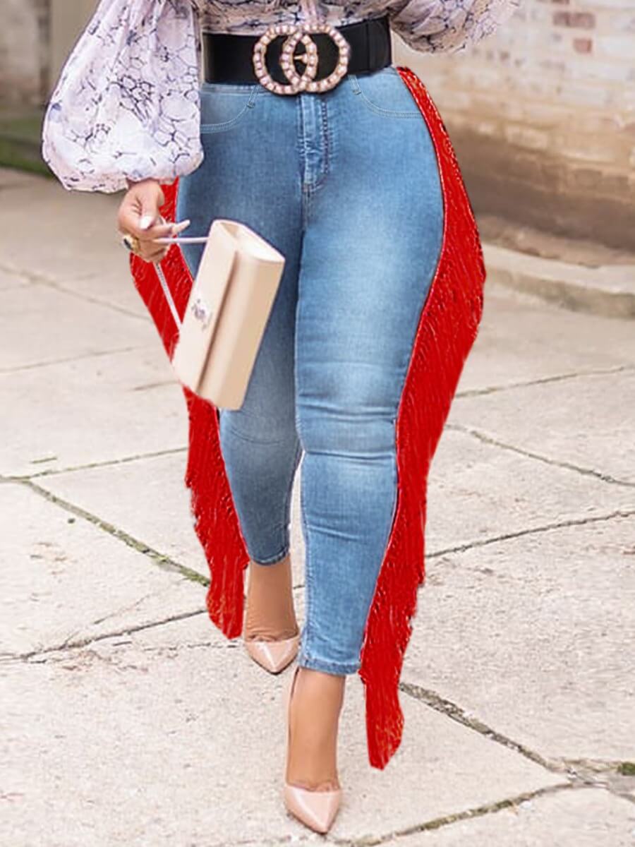 

LW Plus Size High-waisted High Stretchy Tassel Design Baby Blue Jeans