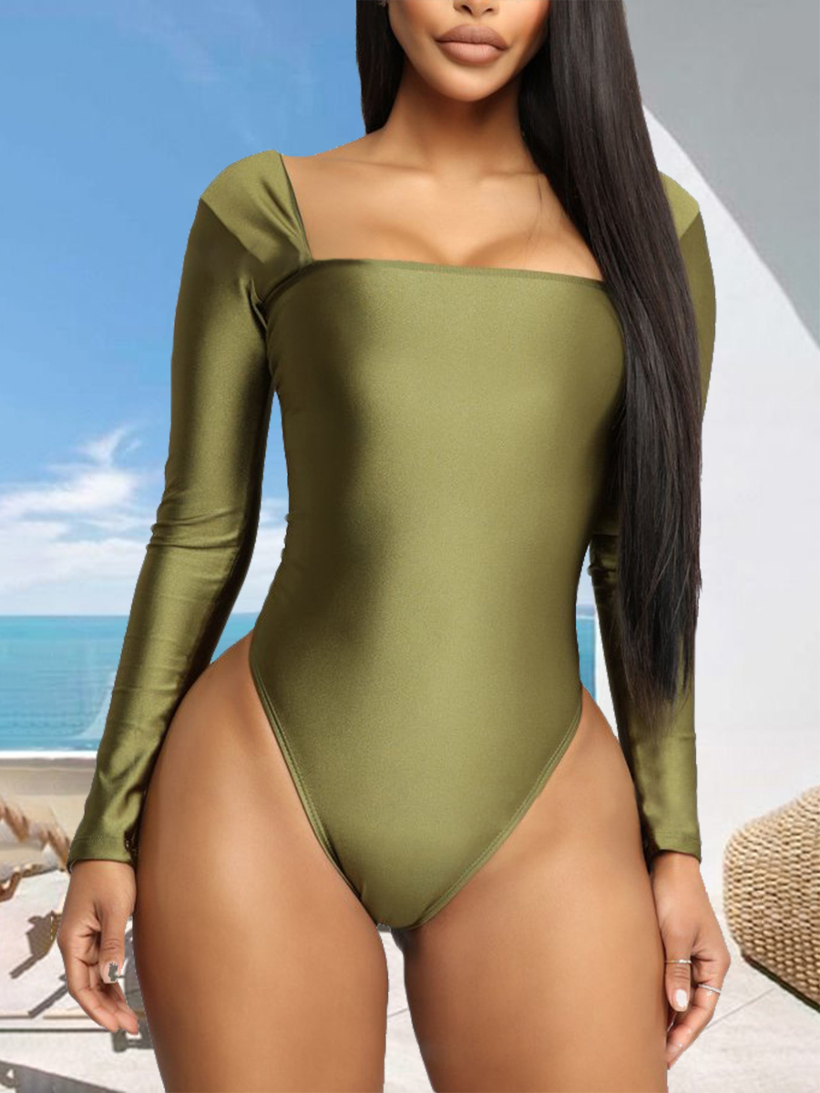 

Lovely Sweet Square Neck Skinny Green One-piece Swimsuit