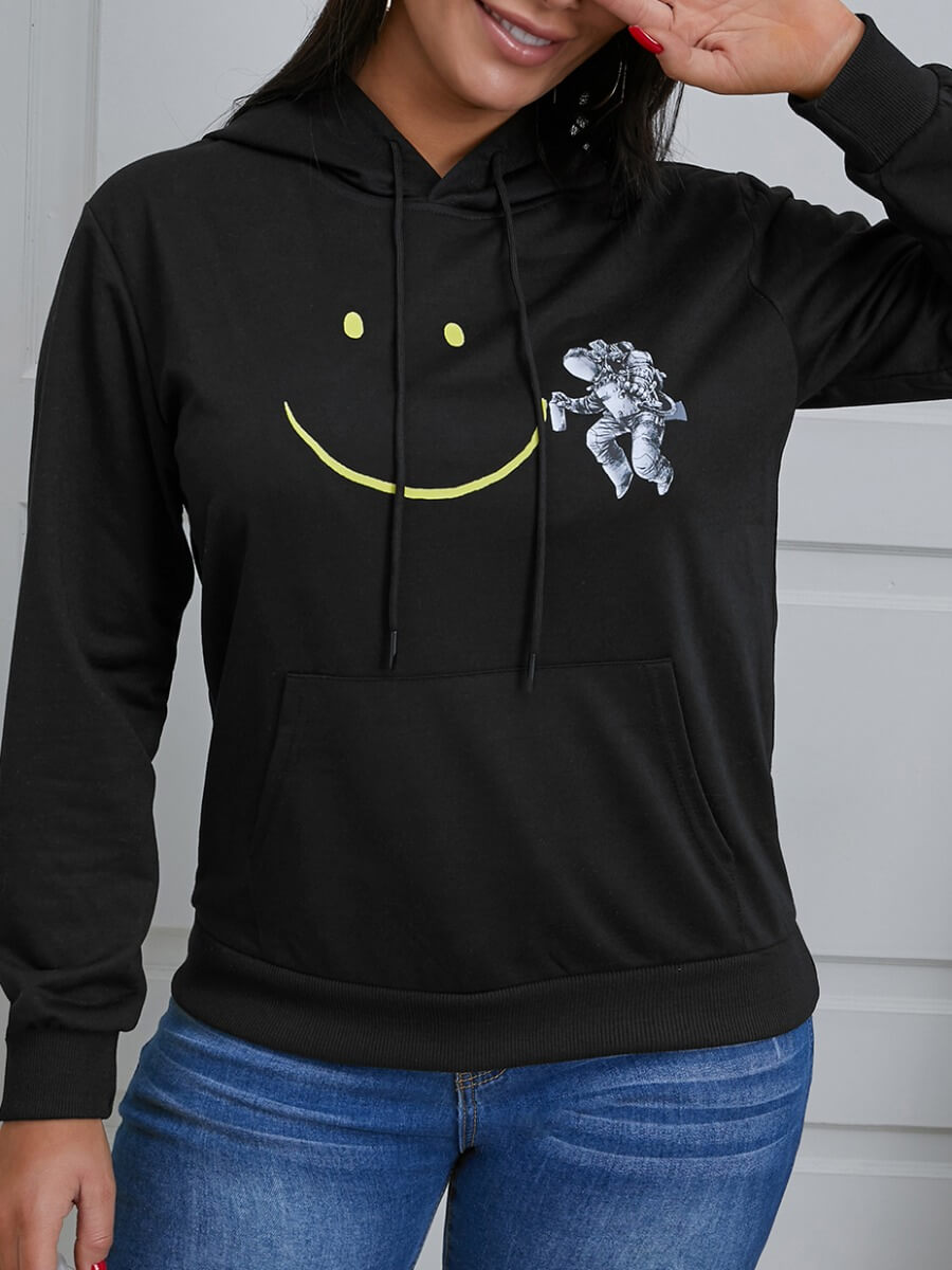 

Lovely Casual Hooded Collar Smiley Face Print Black Hoodie