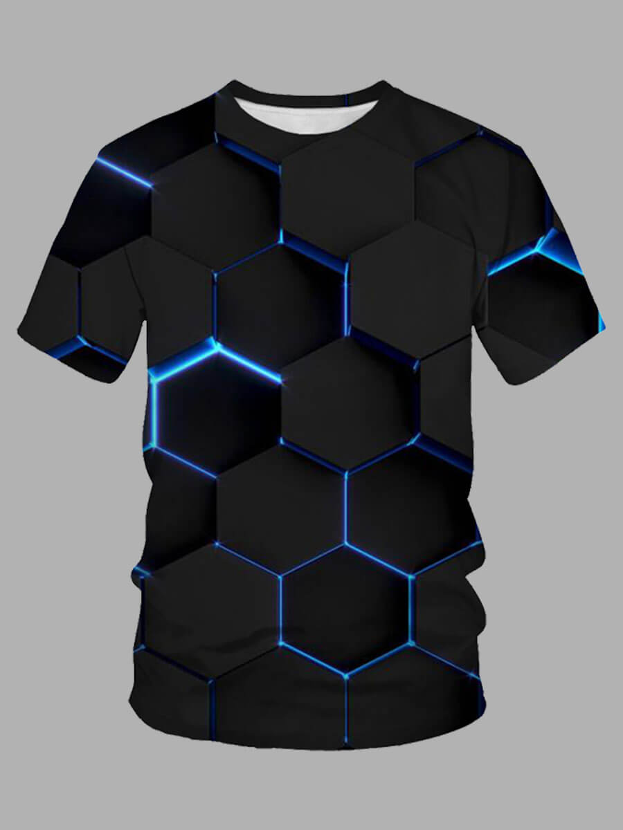 LovelyWholesale Men Casual O Neck Geometric Print Black T-shirt Summer Short Sleeve Casual Basic Round Neck Spring Summer 2024