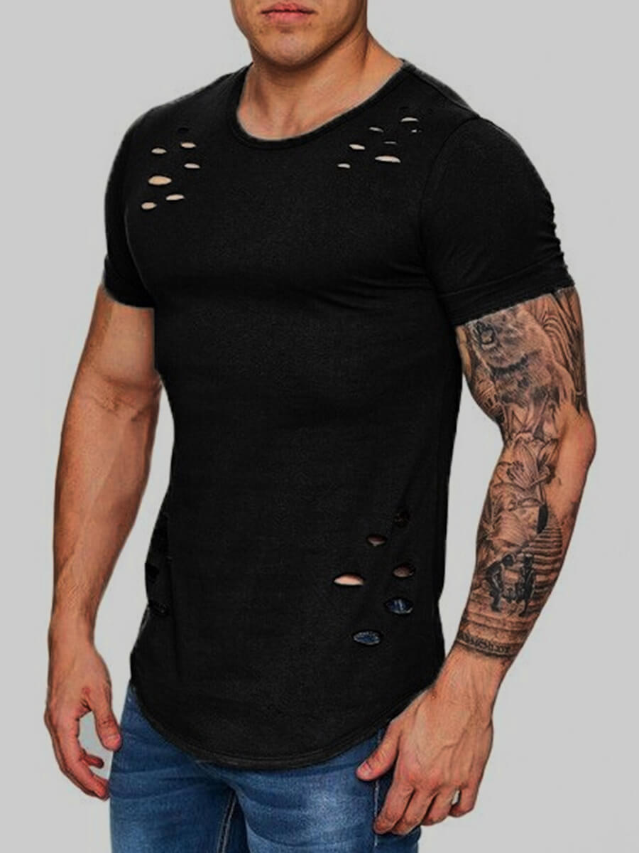 

Lovely Men Casual O Neck Broken Holes Black T-shirt