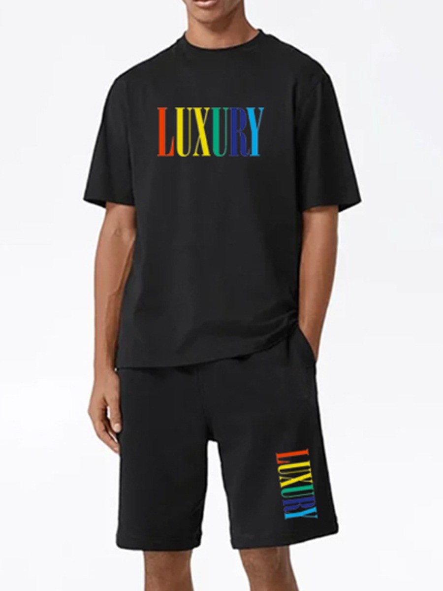 

Lovely Men Casual O Neck Letter Print Black Two Piece Shorts Set