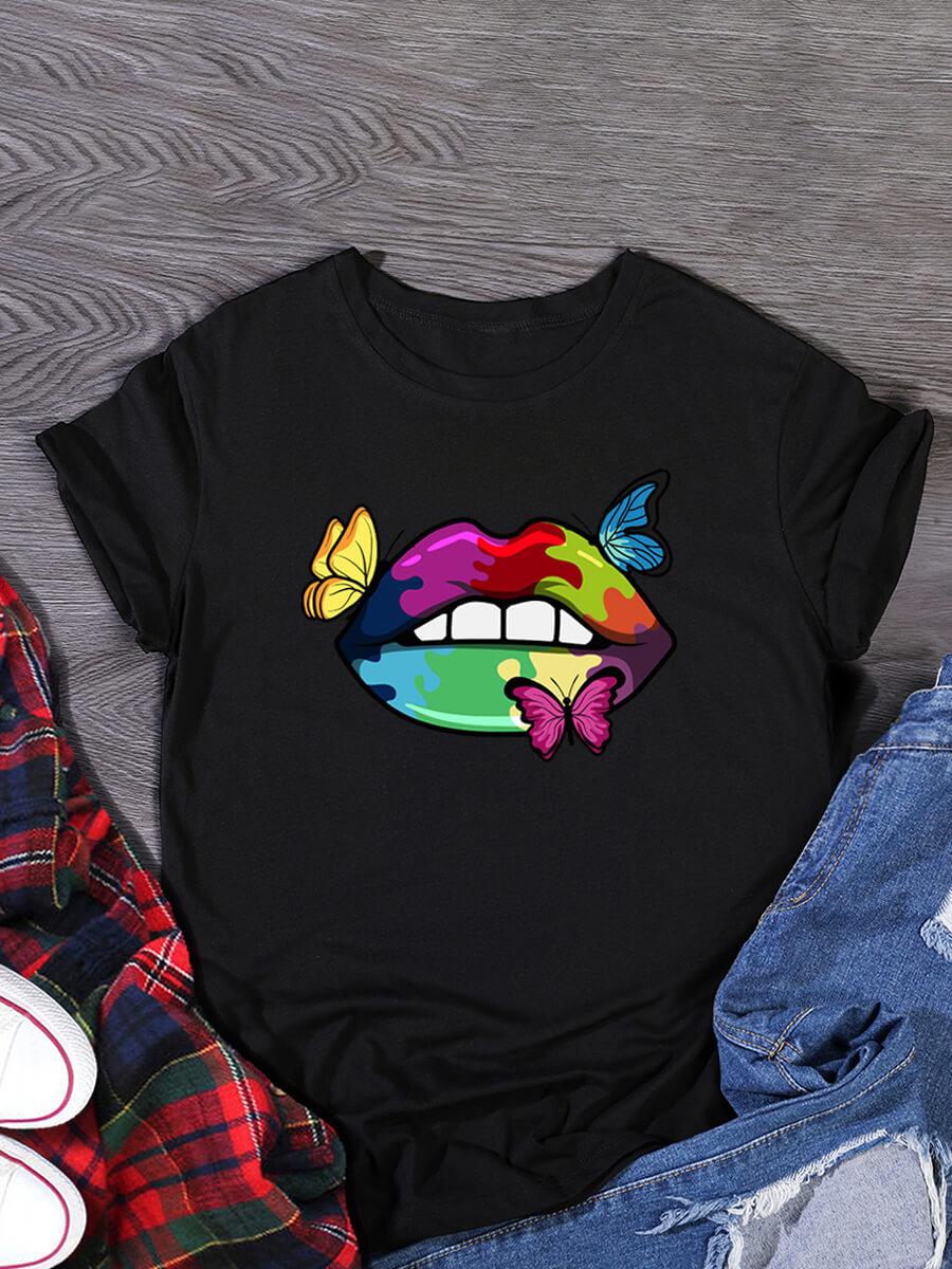 

Lovely Plus Size Casual Butterfly Lip Print Black T-shirt