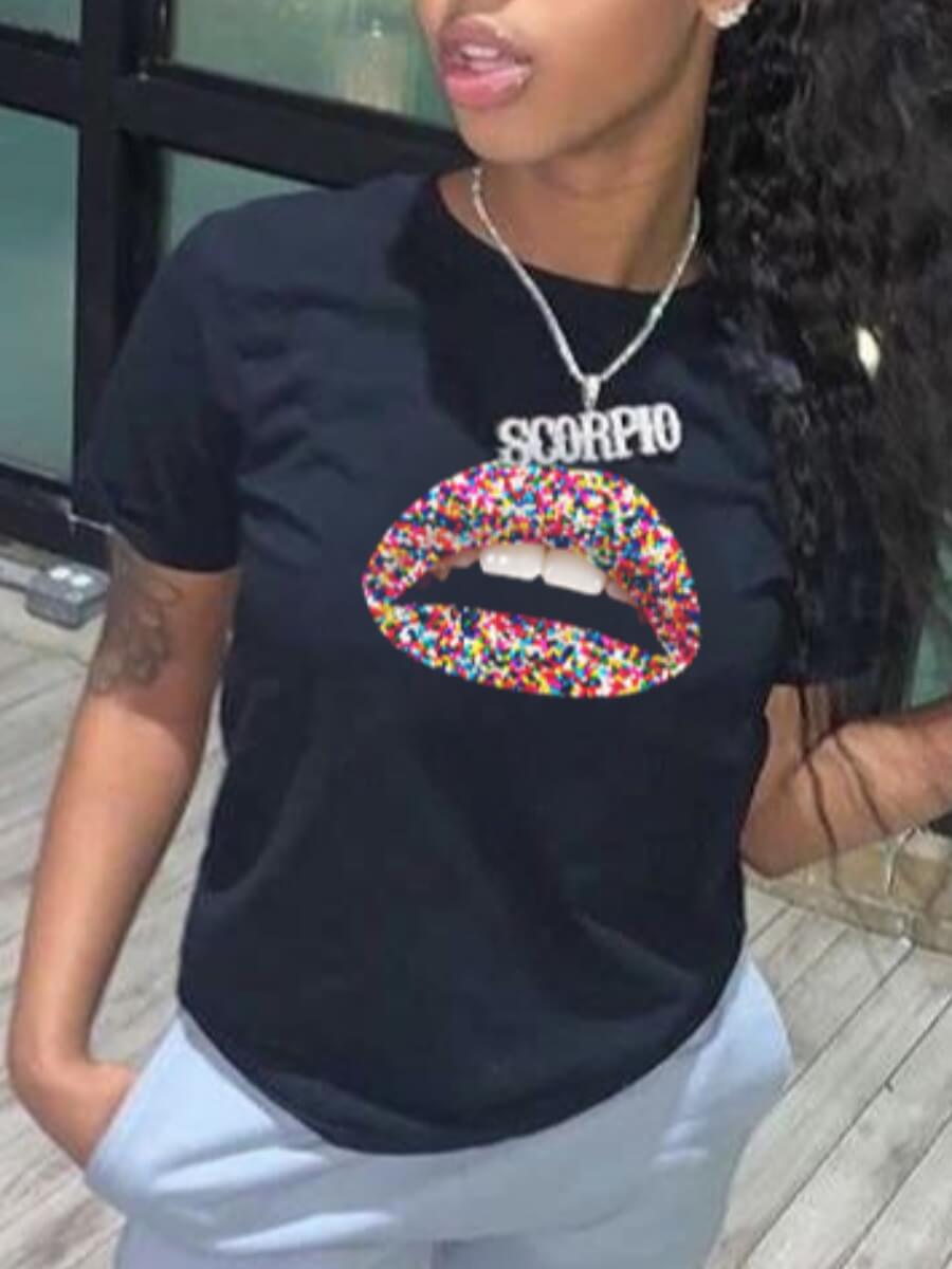 

Lovely Casual O Neck Lip Print Black T-shirt