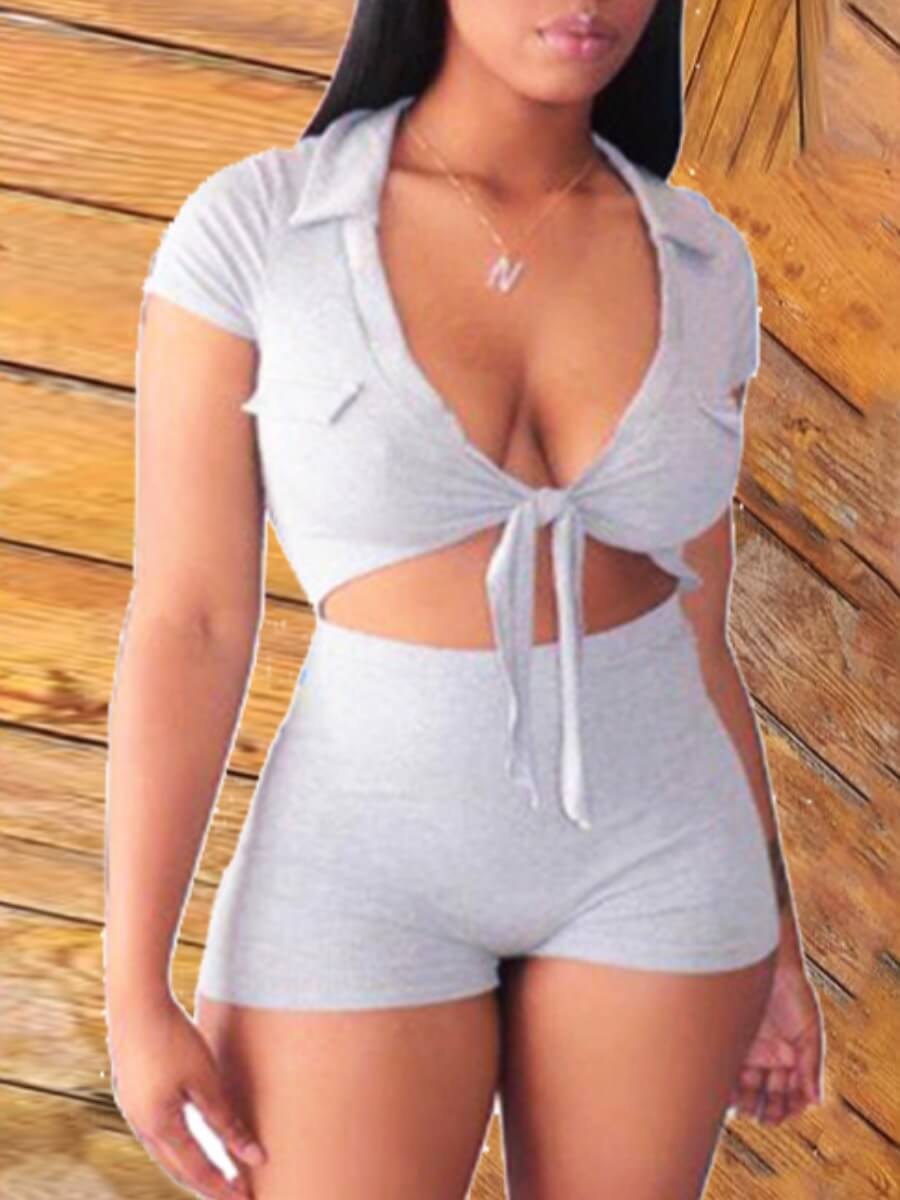 

Lovely Casual Turndown Collar Knot Design Grey Two Piece Shorts Set