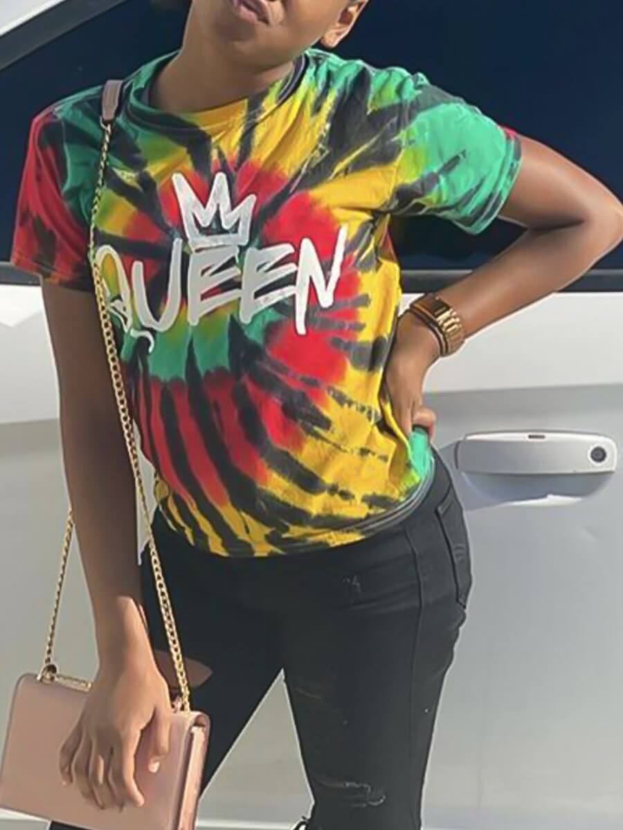 

Lovely Casual Tie-dye Letter Print Multicolor T-shirt, Multi