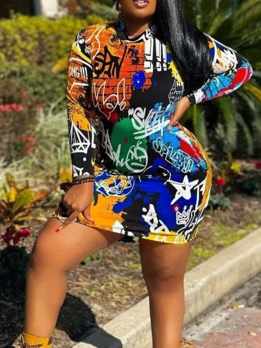 

LW Plus Size Graffiti Letter Print Dress, Multi