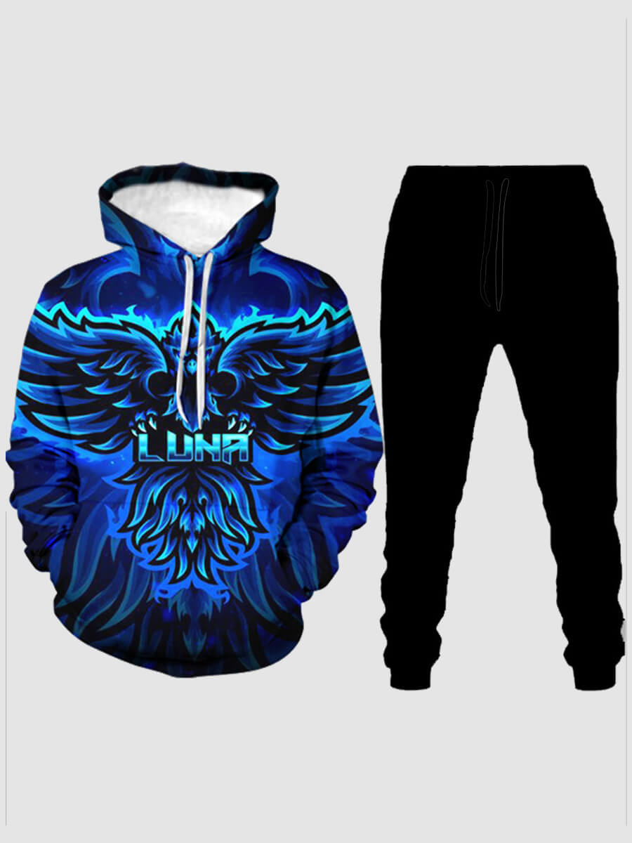 

Lovely Street Hooded Collar Print Drawstring Blue Men Two Piece Pants Set