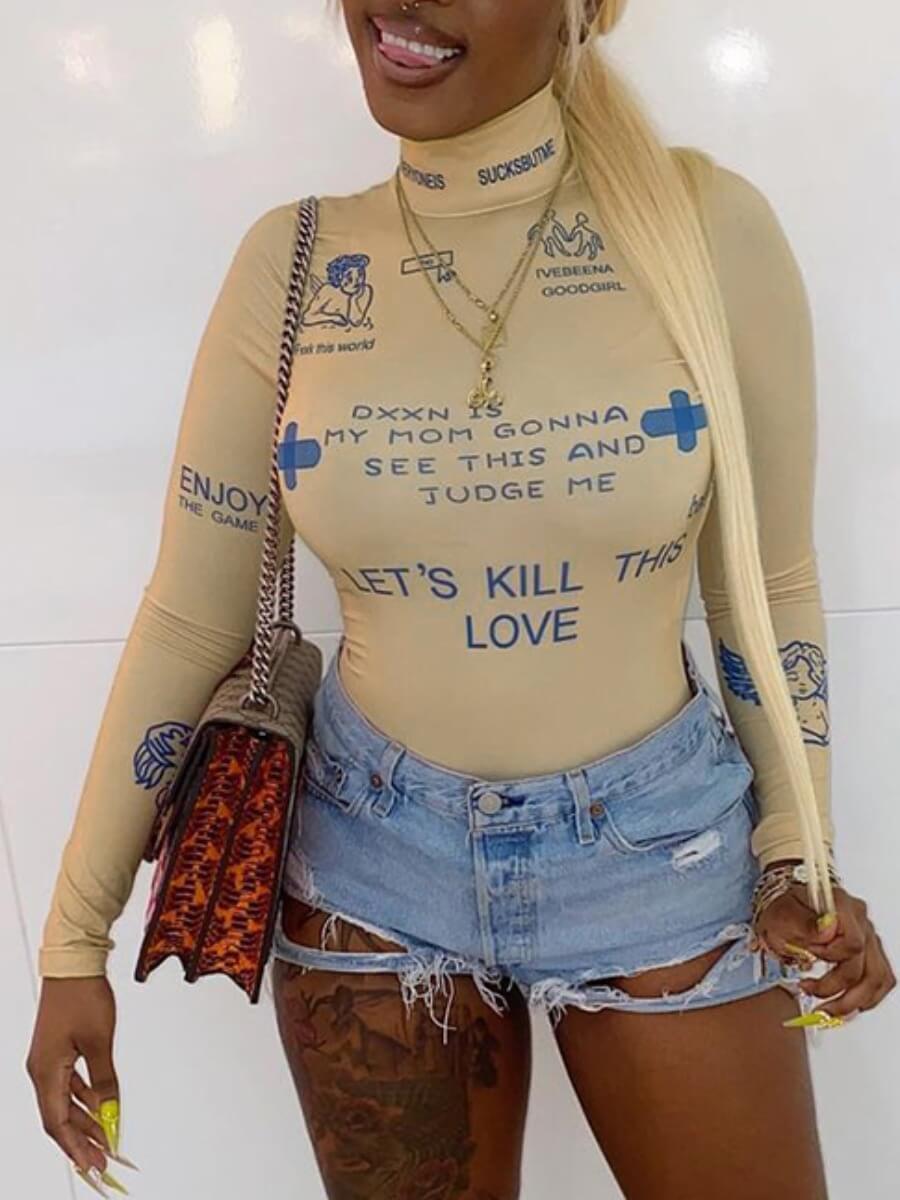 

Lovely Street Turtleneck Letter Print Skinny Khaki Bodysuit