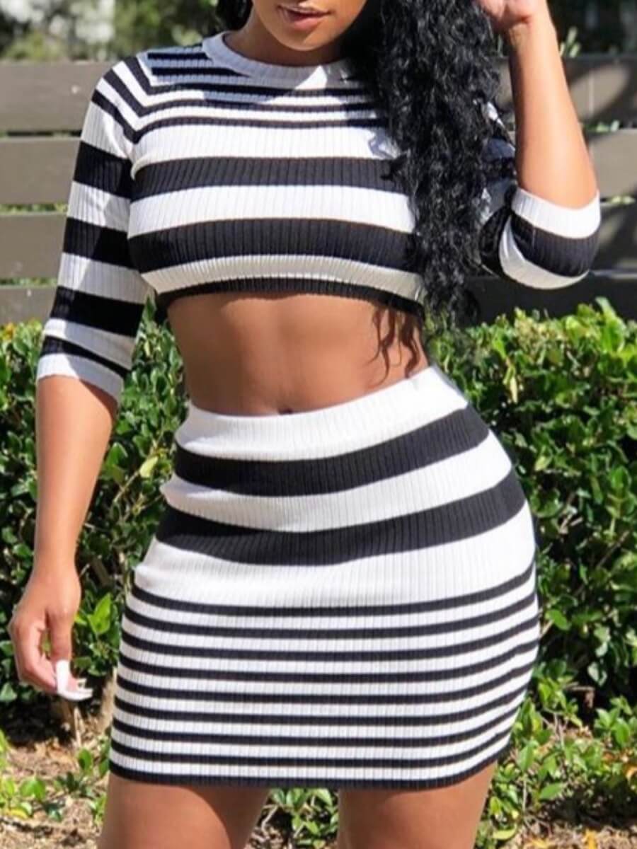 

Lovely Casual Rib-knit Striped Patchwork Black Two Piece Skirt Set