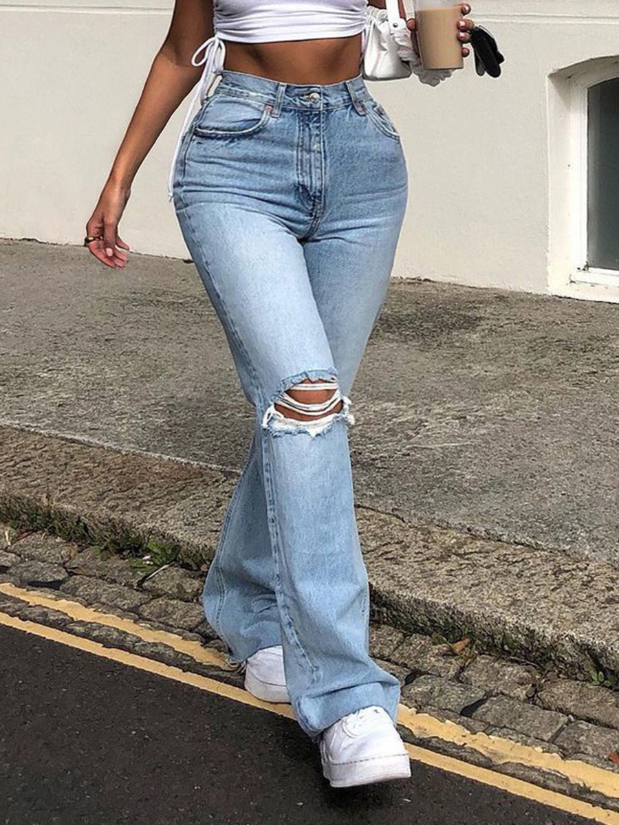 

LW Street High-waisted Broken Holes Blue Straight Leg Pants