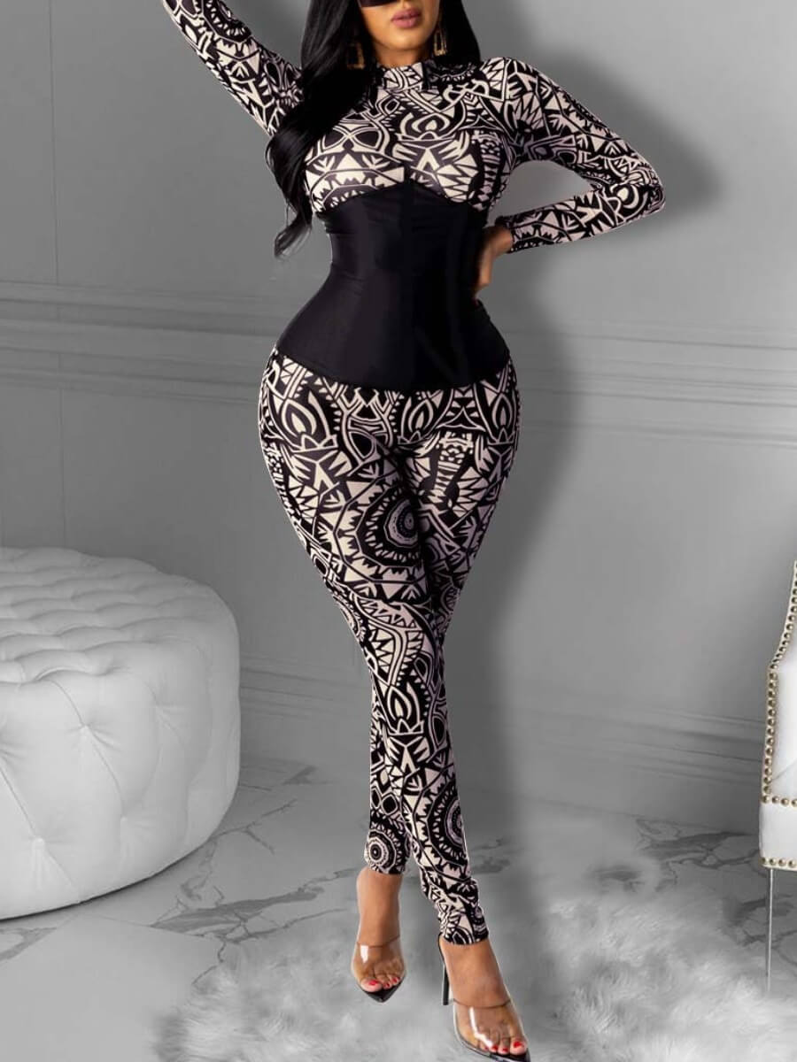 

Lovely Sweet Geometric Print Patchwork Black One-piece Jumpsuit