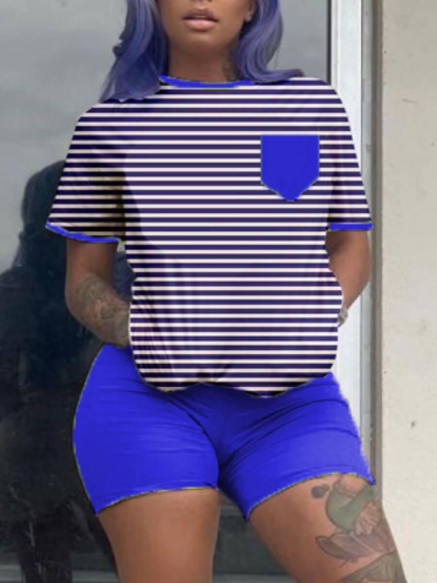

Lovely Casual O Neck Striped Patchwork Blue Two Piece Shorts Set