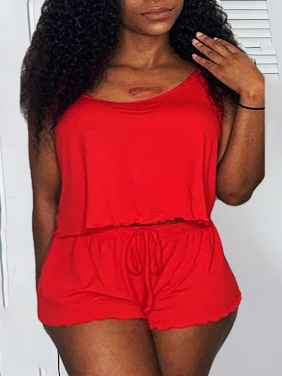 

Lovely Casual Spaghetti Strap Drawstring Red Two Piece Shorts Set