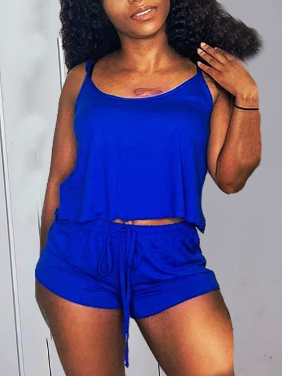 

Lovely Casual Spaghetti Strap Drawstring Blue Two Piece Shorts Set
