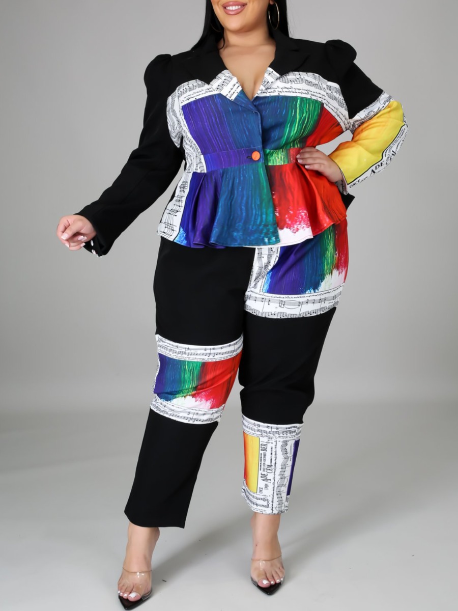 

Lovely Stylish Button Flounce Design Patchwork Black Plus Size Two-piece Pants Set