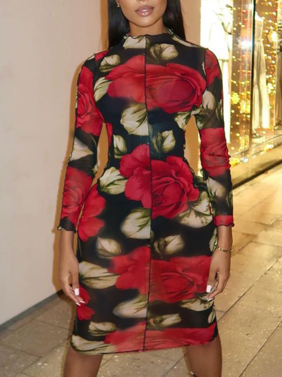 

Lovely Casual Half A Turtleneck Floral Print Red Knee Length Dress(No-positioning Printing)