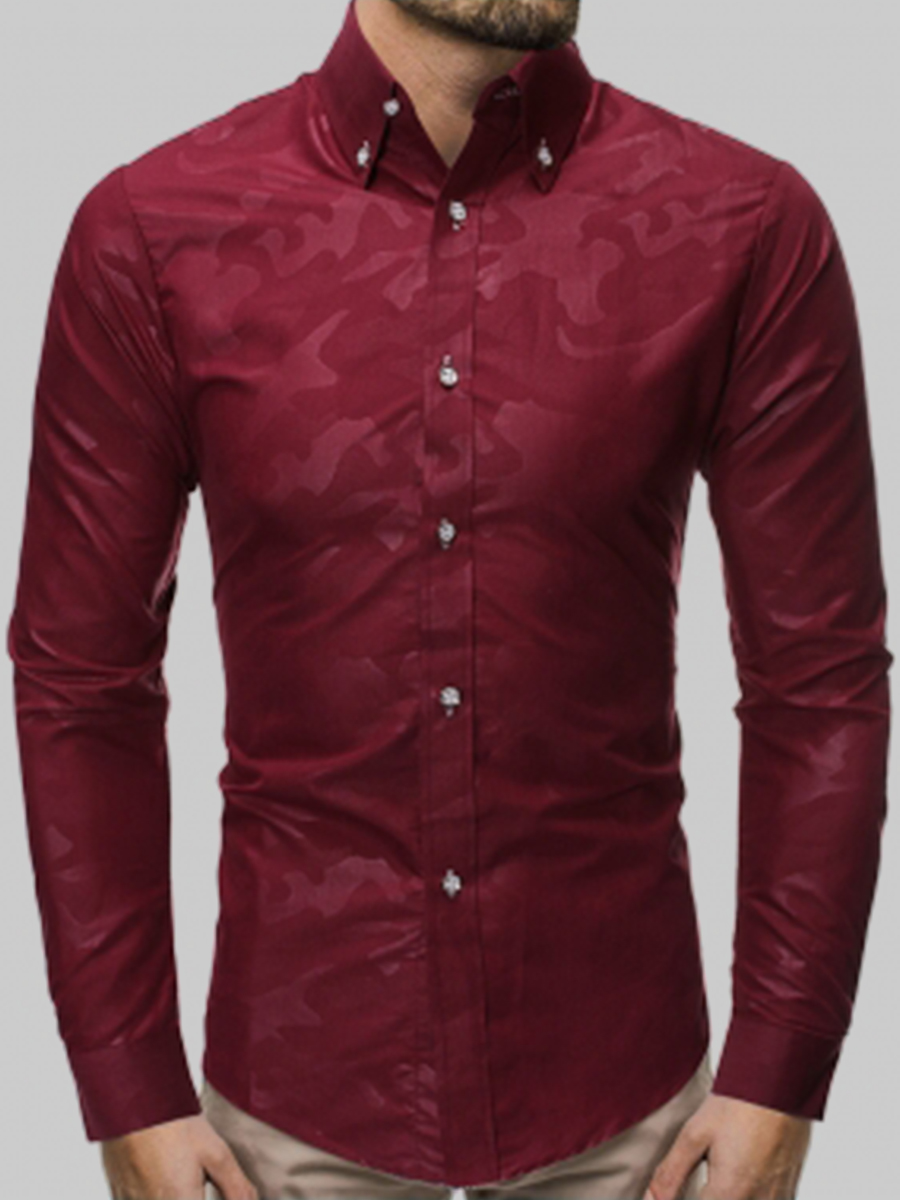 

Lovely Men Casual Turndown Collar Print Wine Red Shirt