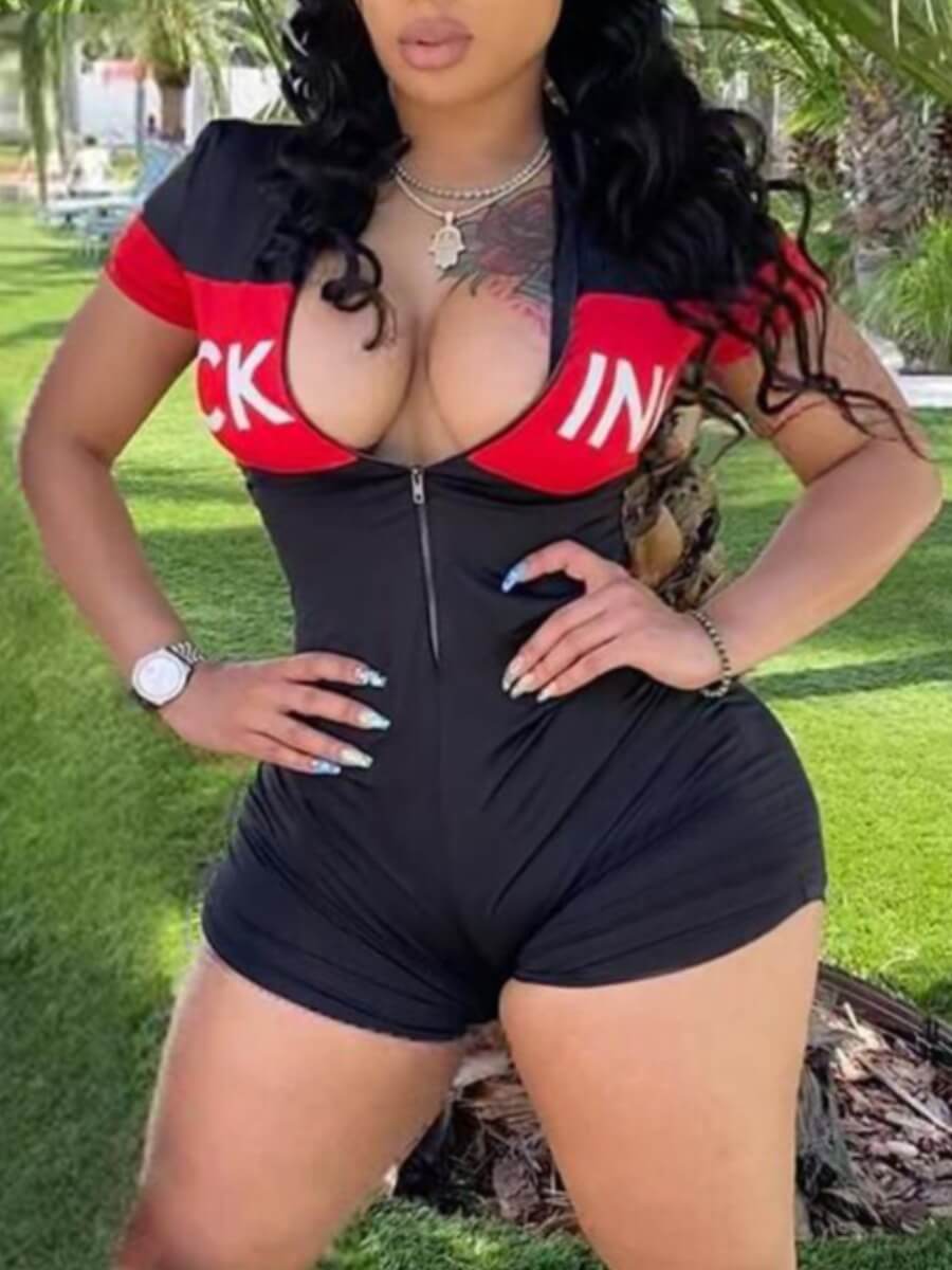 

Lovely Casual Letter Print Patchwork Black One-piece Romper