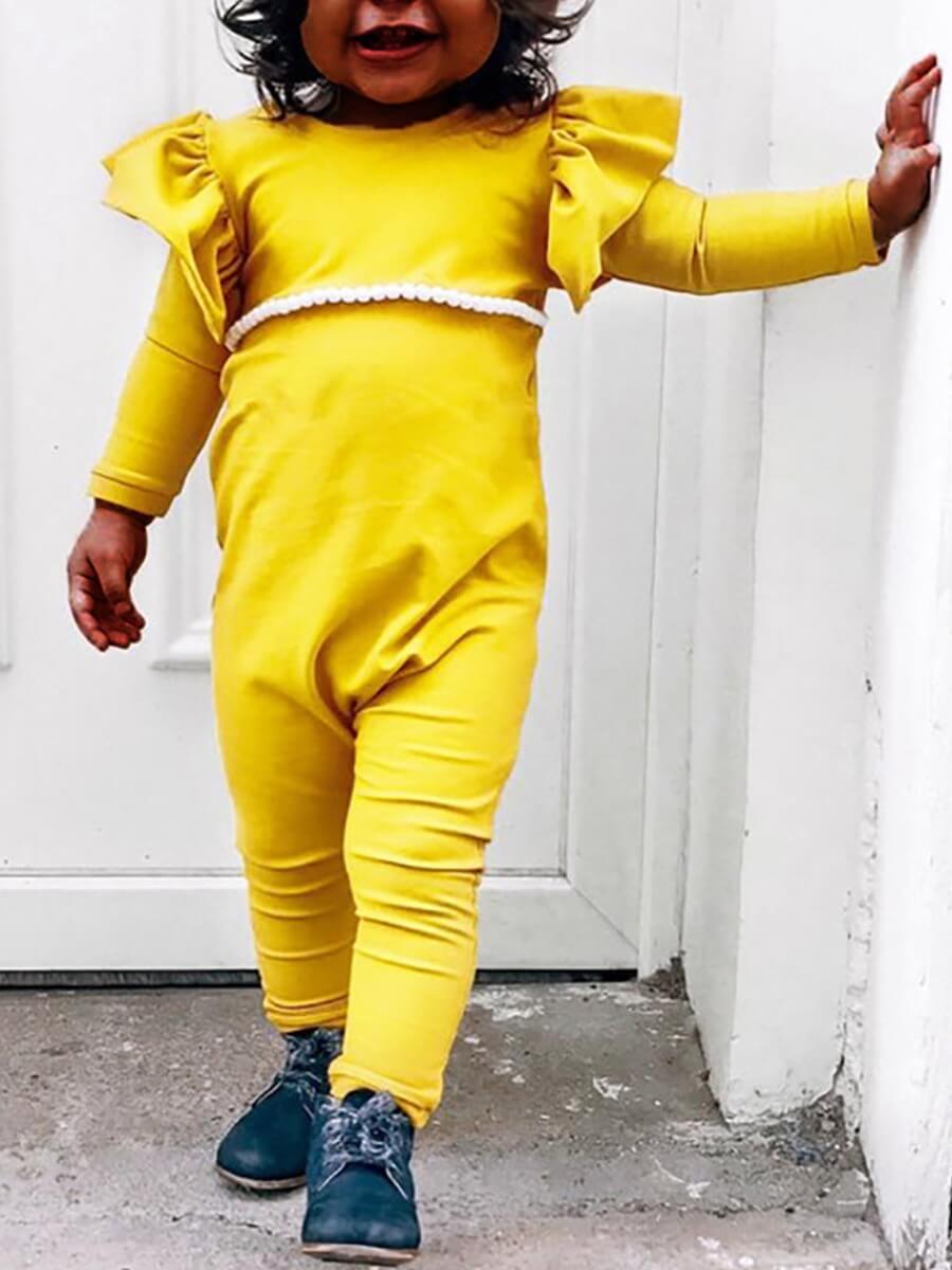 

Lovely Casual O Neck Flounce Design Yellow Girl One-piece Jumpsuit