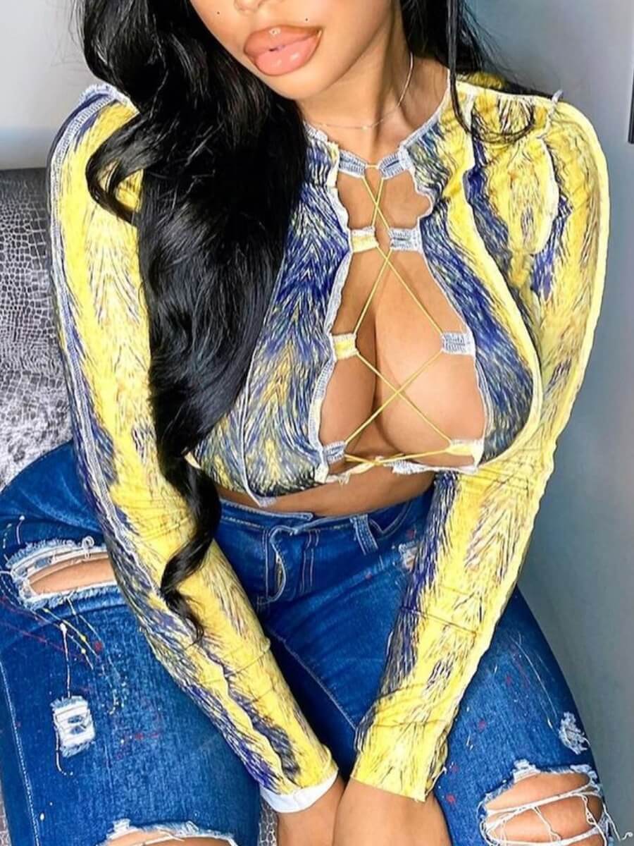 

Lovely Sexy Bandage Hollow-out Design Yellow T-shirt
