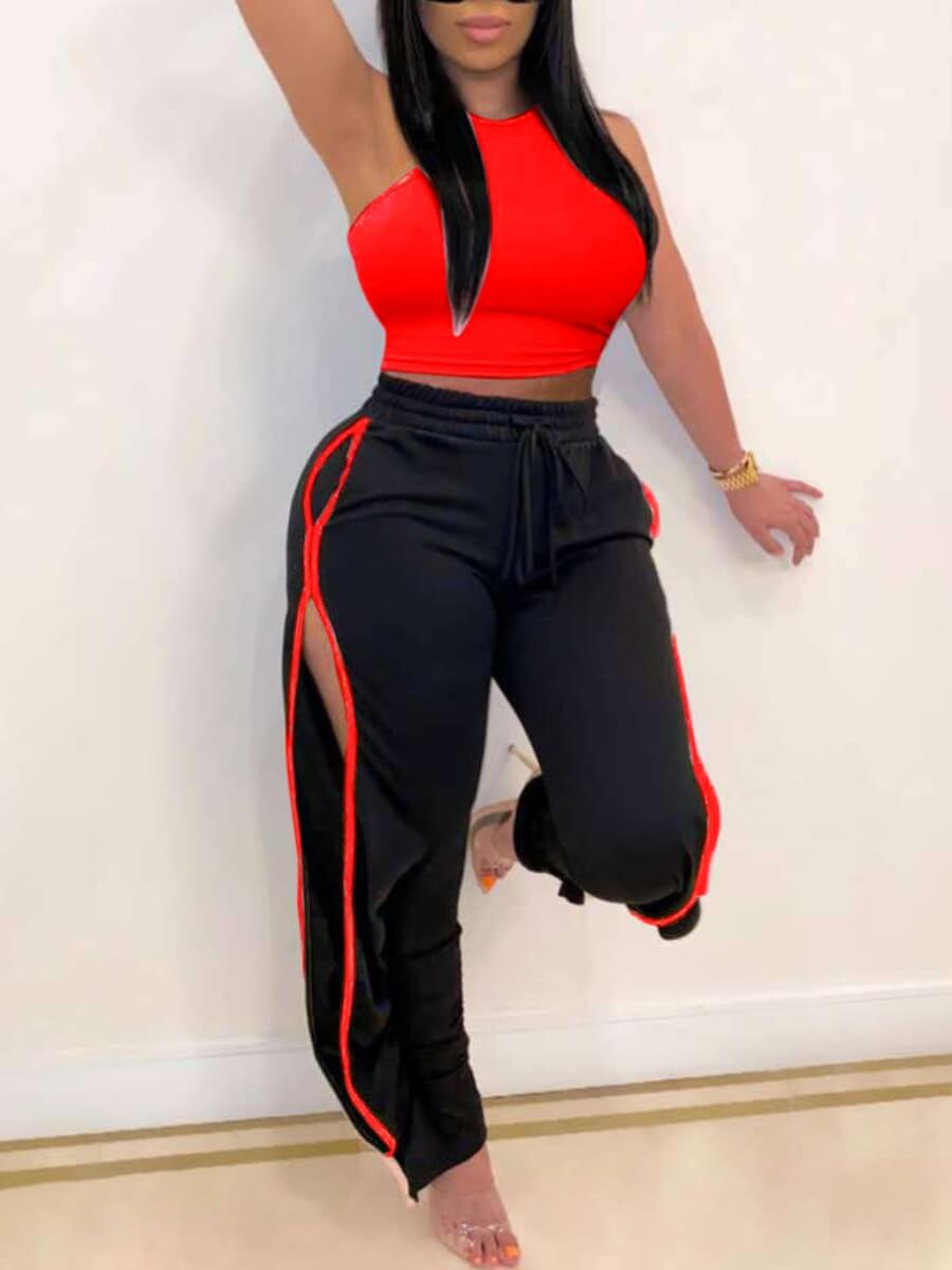

Lovely Plus Size Sportswear O Neck Side Split Red Two-piece Pants Set