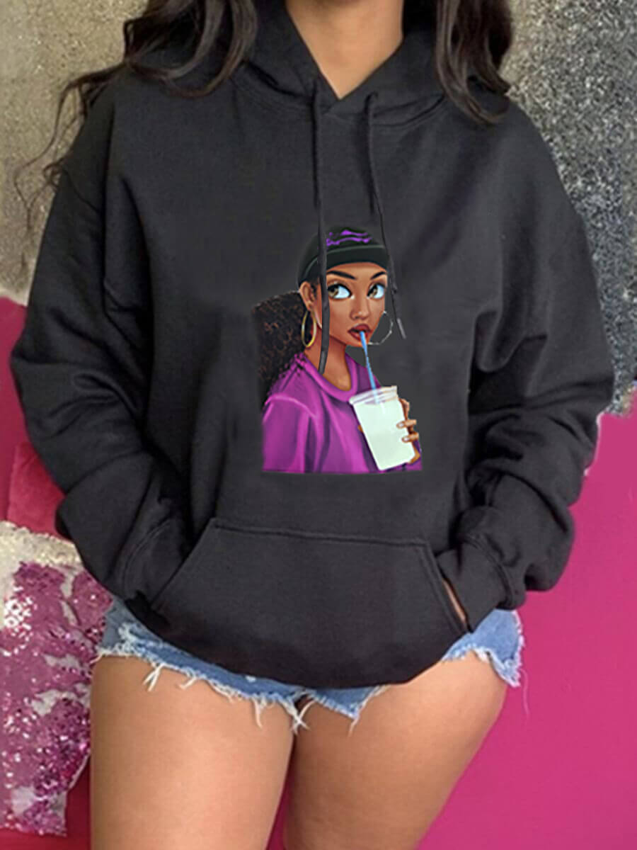 

Lovely Caual Face Print Kangaroo Pocket Black Hoodie