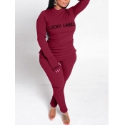 Lovely Casual Turtleneck Letter Print Red Two Piec