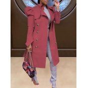 LW BASICS Trendy Button Design Rose Red Trench Coa