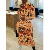 Lovely Casual Letter Print Patchwork Brown Mid Cal