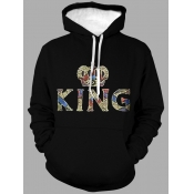 Lovely Men Street Letter Print Patchwork Black Hoo