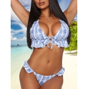 Lovely Sexy Print Lace-up Flounce Design Blue Plus