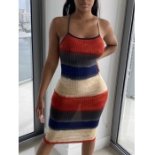 Lovely Casual Spaghetti Strap Striped Patchwork Re