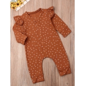 Lovely Casual O Neck Dot Print Brown Girl One-piec