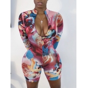 Lovely Chic Floral Print Zipper Design Red One-pie