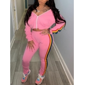 Lovely Casual Rainbow Striped Zipper Design Pink T