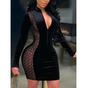 Lovely Sexy Geometric Print Mesh Patchwork Black M