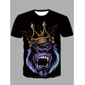 LW Men Casual Crown Gorilla Cartoon Print Black T-