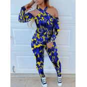 Lovely Chic Off The Shoulder Print Patchwork Blue 