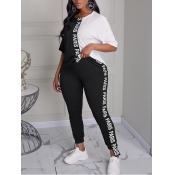 Lovely Casual O Neck Letter Print Patchwork Black 