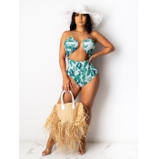 Lovely Sexy Print Hollow-ut Green One-piece Swimsu