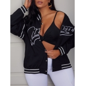 Lovely Street Striped Letter Print Black Jacket