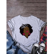 Lovely Plus Size Casual O Neck Print Grey T-shirt
