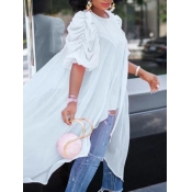 Lovely Casual O Neck Ruffle Asymmetrical White Blo