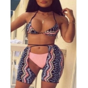 Lovely Sexy Geometric Print Lace-up Pink Two-piece